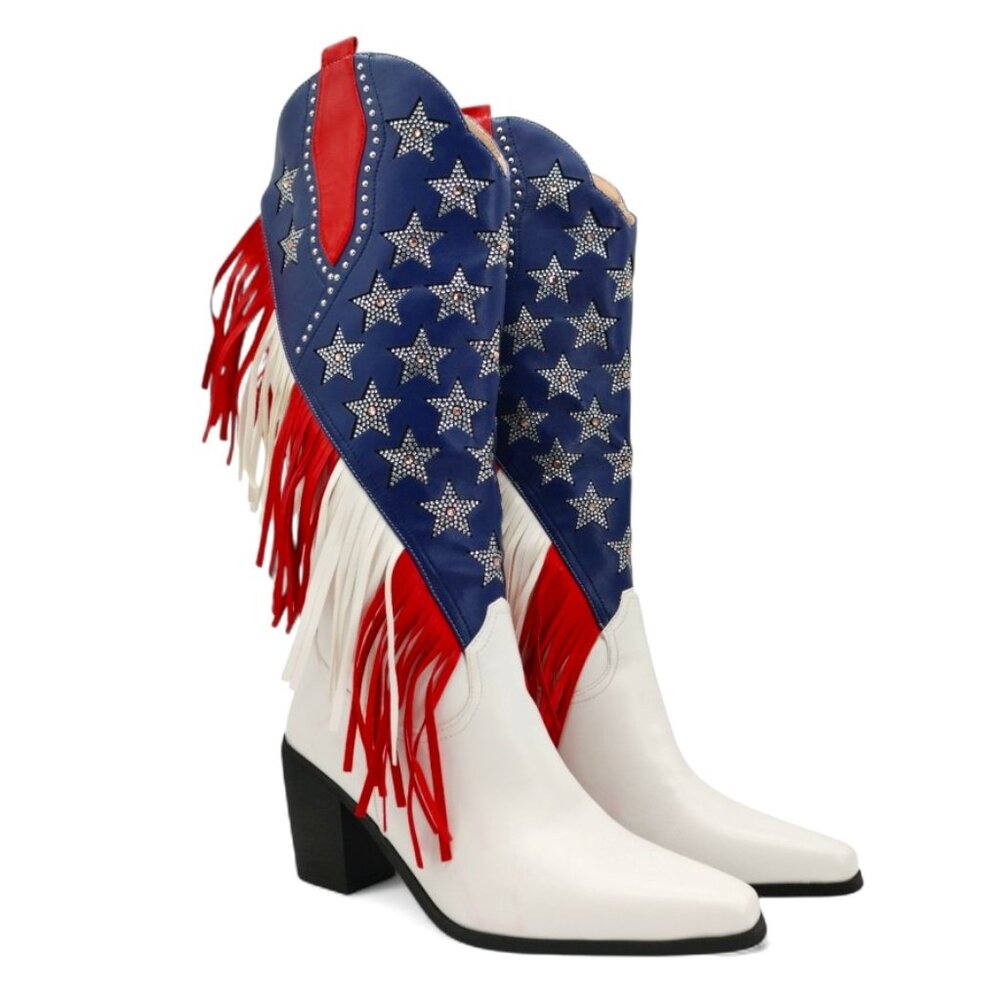 American Flag Size 11 Rhinestone Stars Fringe Knee High Block Heel Western Boot - Picture 6 of 16